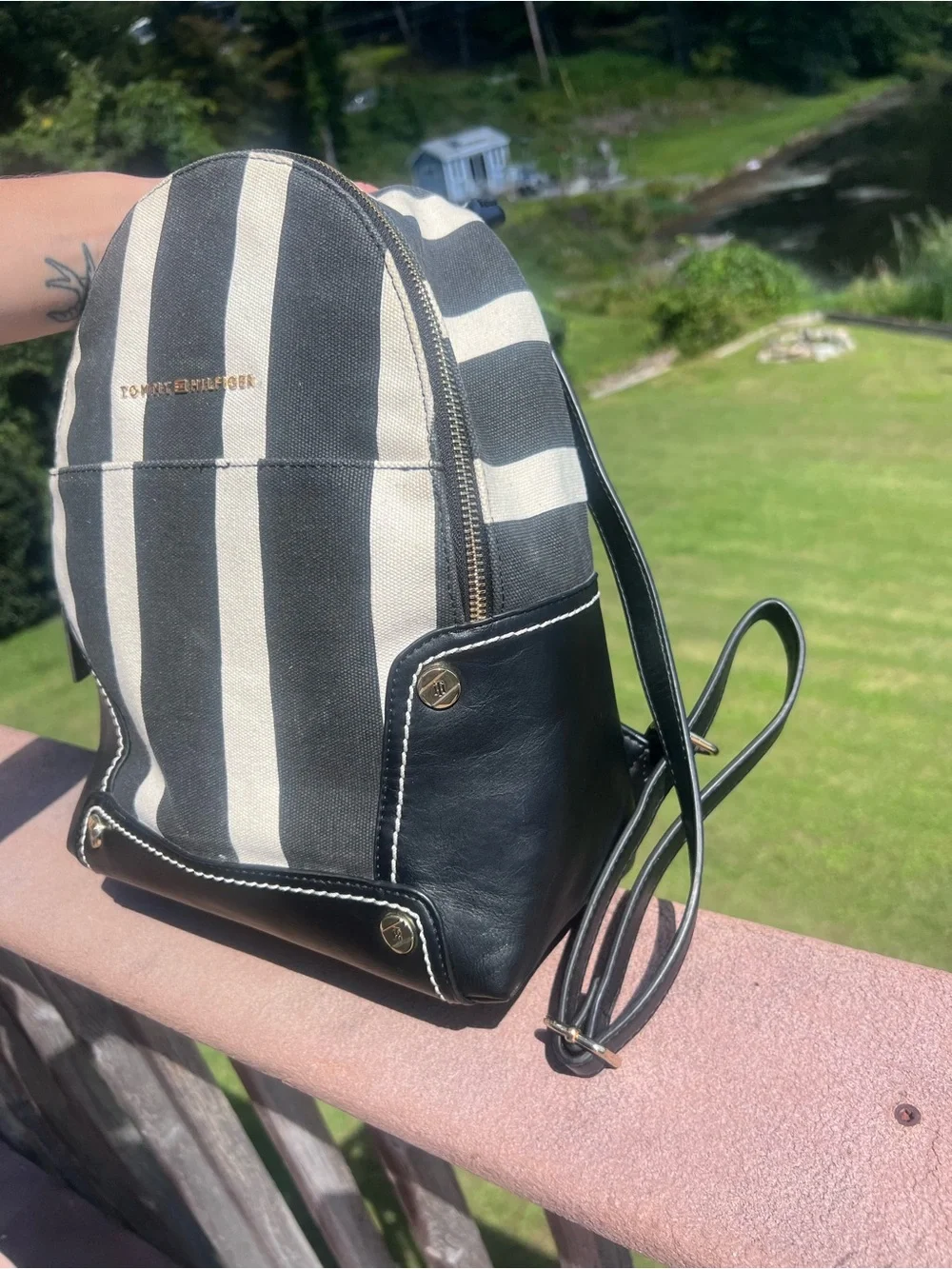 Tommy Hilfiger Black & White Striped Canvas Mini Backpack